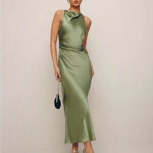 Reformation Casette Silk Dress in Artichoke